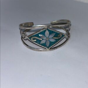 Vintage Alpaca and Turquoise Floral Cuff Bracelet 925 (small)